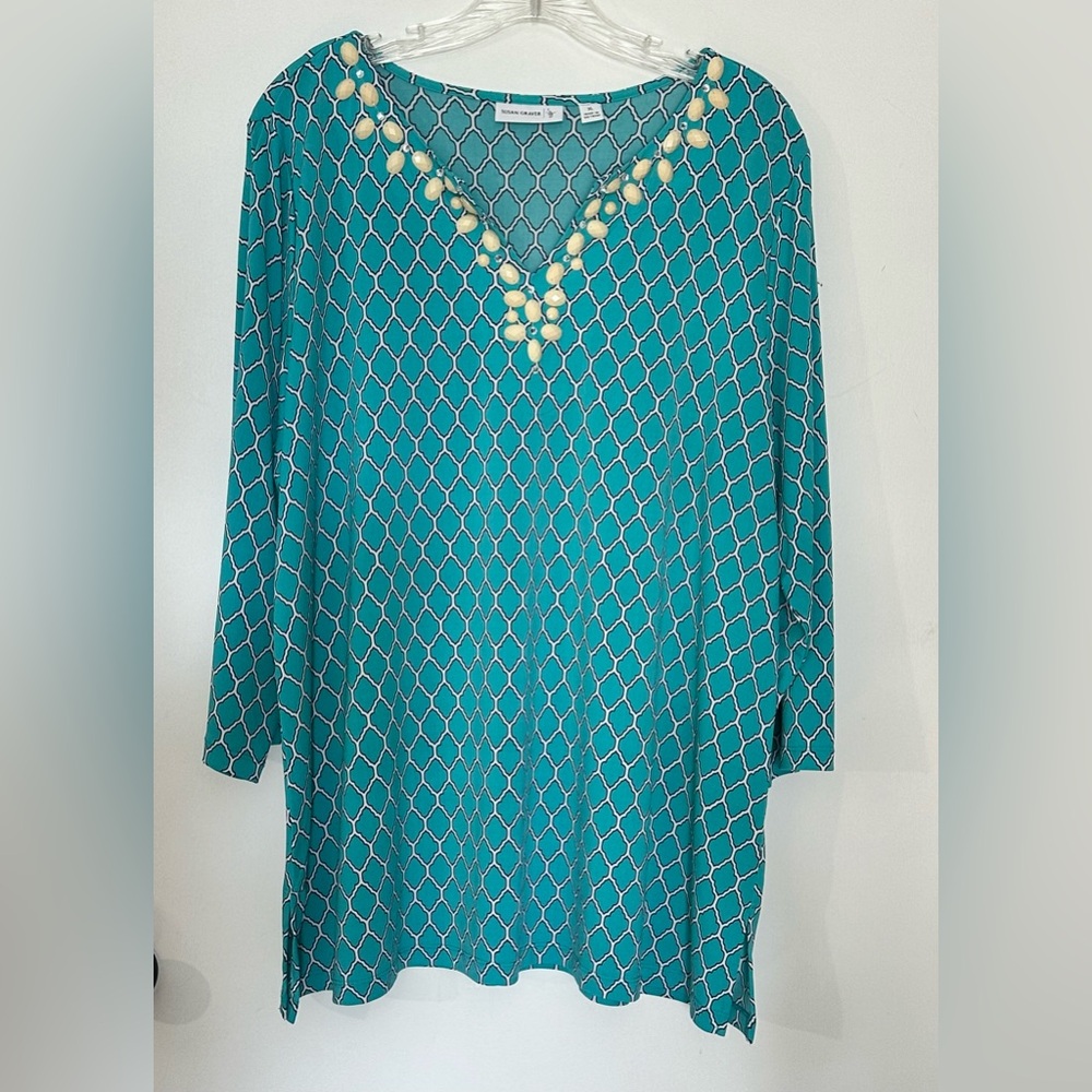 Susan Graver Liquid Knit Womens Top Size Jeweled V Neck Geometric Embellished XL